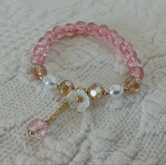 Elegant Pink Gold Beaded Charm Bracelet Set Crystal Pearl Swan Butterfly Girly - Picture 7 of 9